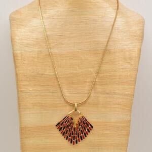 Vintage Pendant Necklace Red Black Enamel Gold Tone Chain Chunky 1980s BinBD